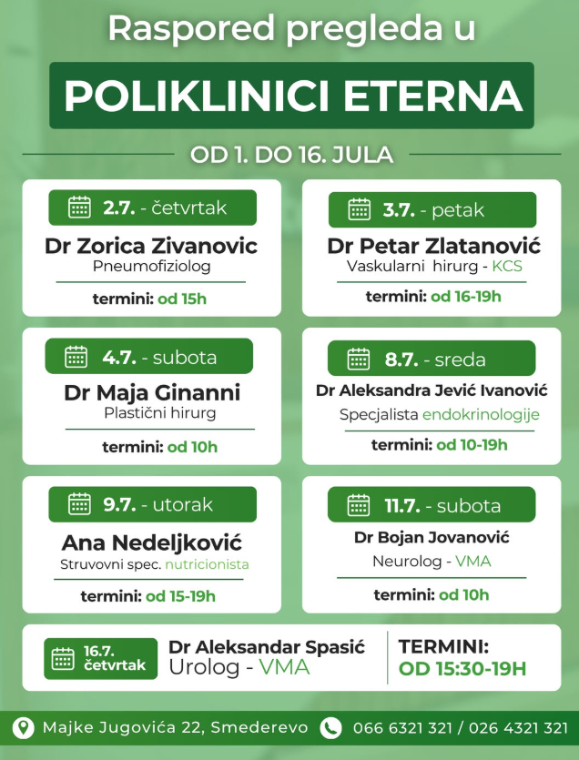 Raspored pregleda od 1. do 16. jula